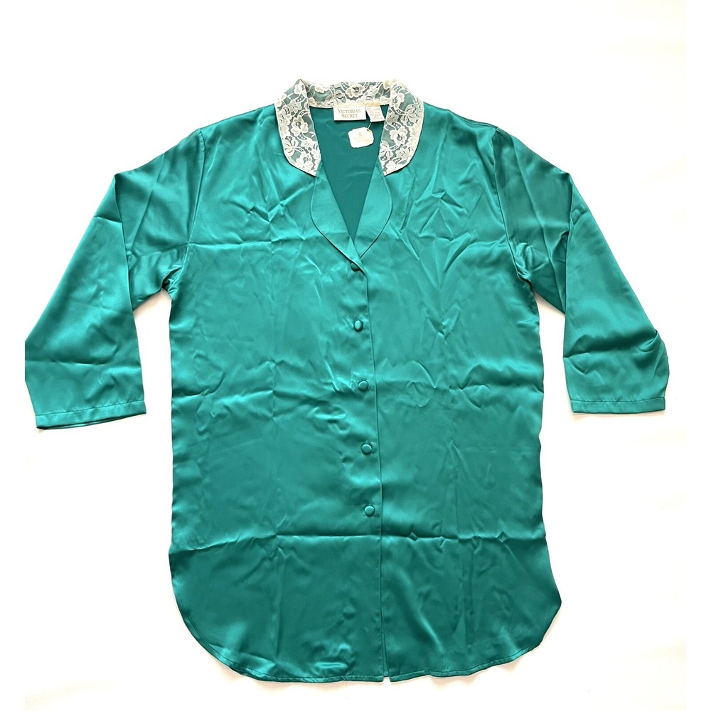 NOS Vintage Victorias Secret Night Shirt Green Satin Lace Collar Gold Label M/L
